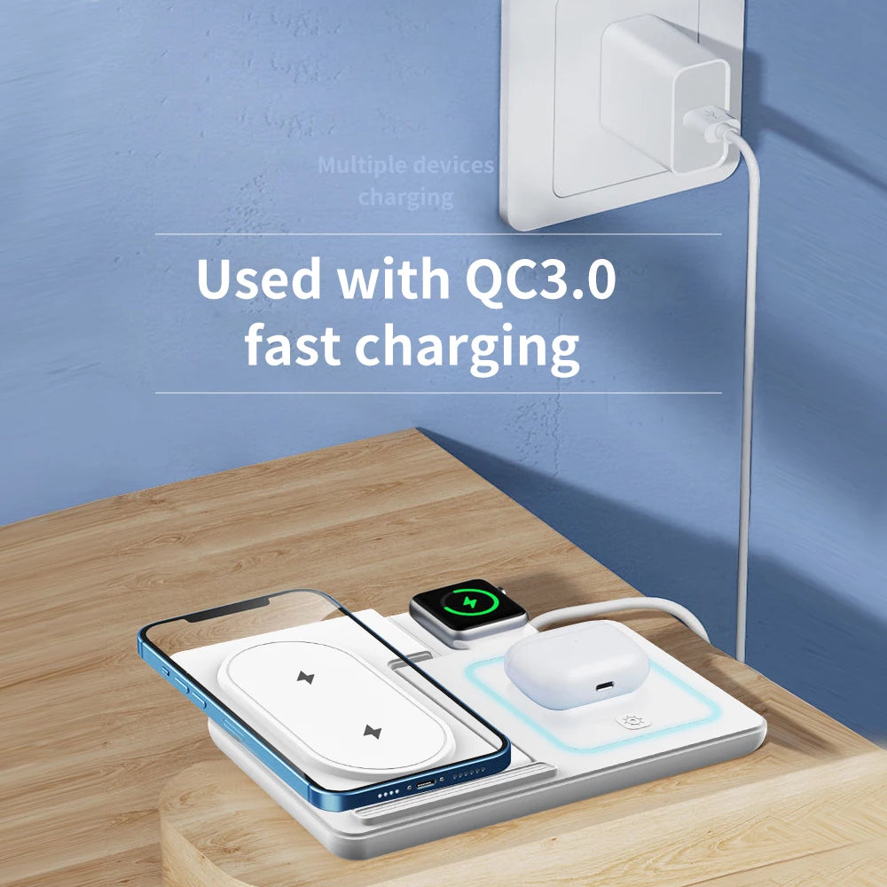 30W 3 in 1 Foldable Night LED Light Wireless Charger Stand For iPhone Samsung Apple Watch 2-8 SE Airpods Fast Charging Holder