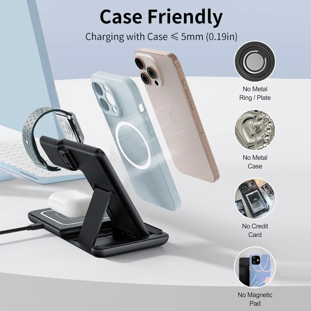 30W 3 in 1 Foldable Night LED Light Wireless Charger Stand For iPhone Samsung Apple Watch 2-8 SE Airpods Fast Charging Holder