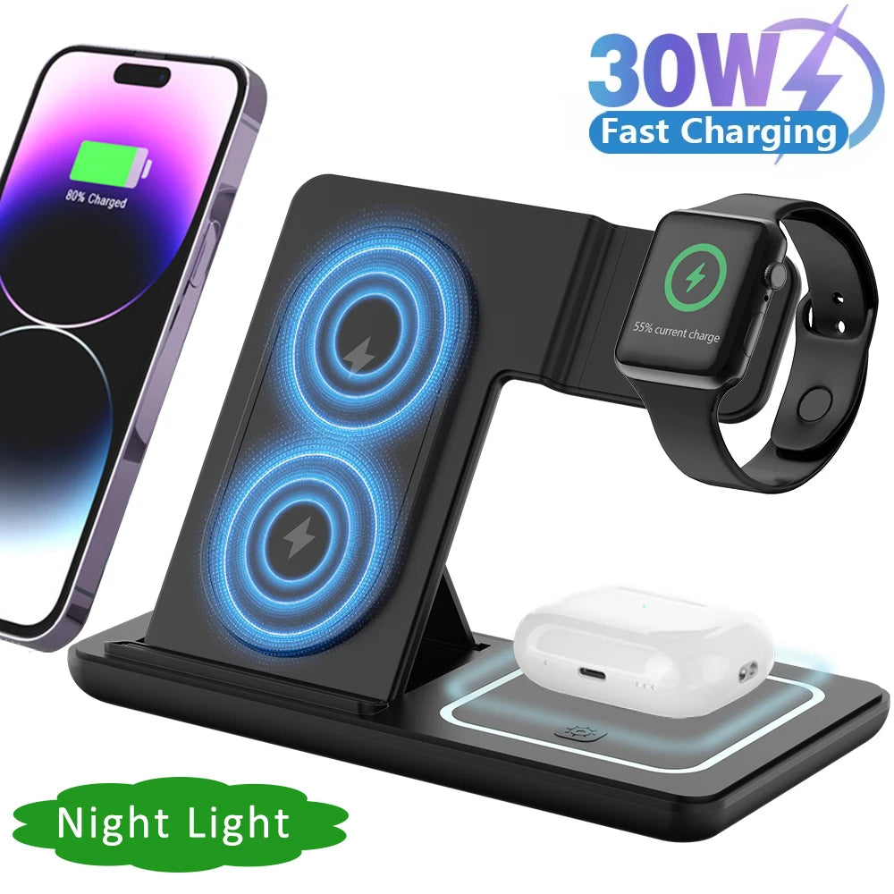 30W 3 in 1 Foldable Night LED Light Wireless Charger Stand For iPhone Samsung Apple Watch 2-8 SE Airpods Fast Charging Holder