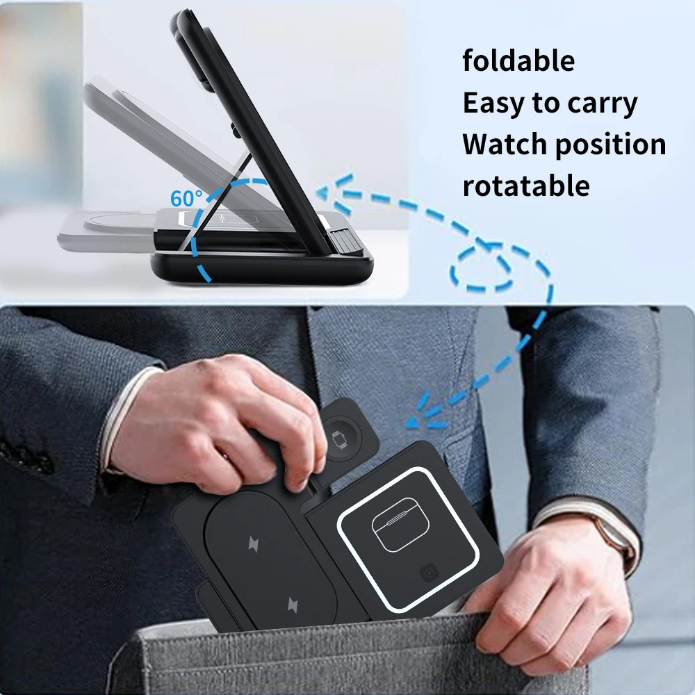 30W 3 in 1 Foldable Night LED Light Wireless Charger Stand For iPhone Samsung Apple Watch 2-8 SE Airpods Fast Charging Holder