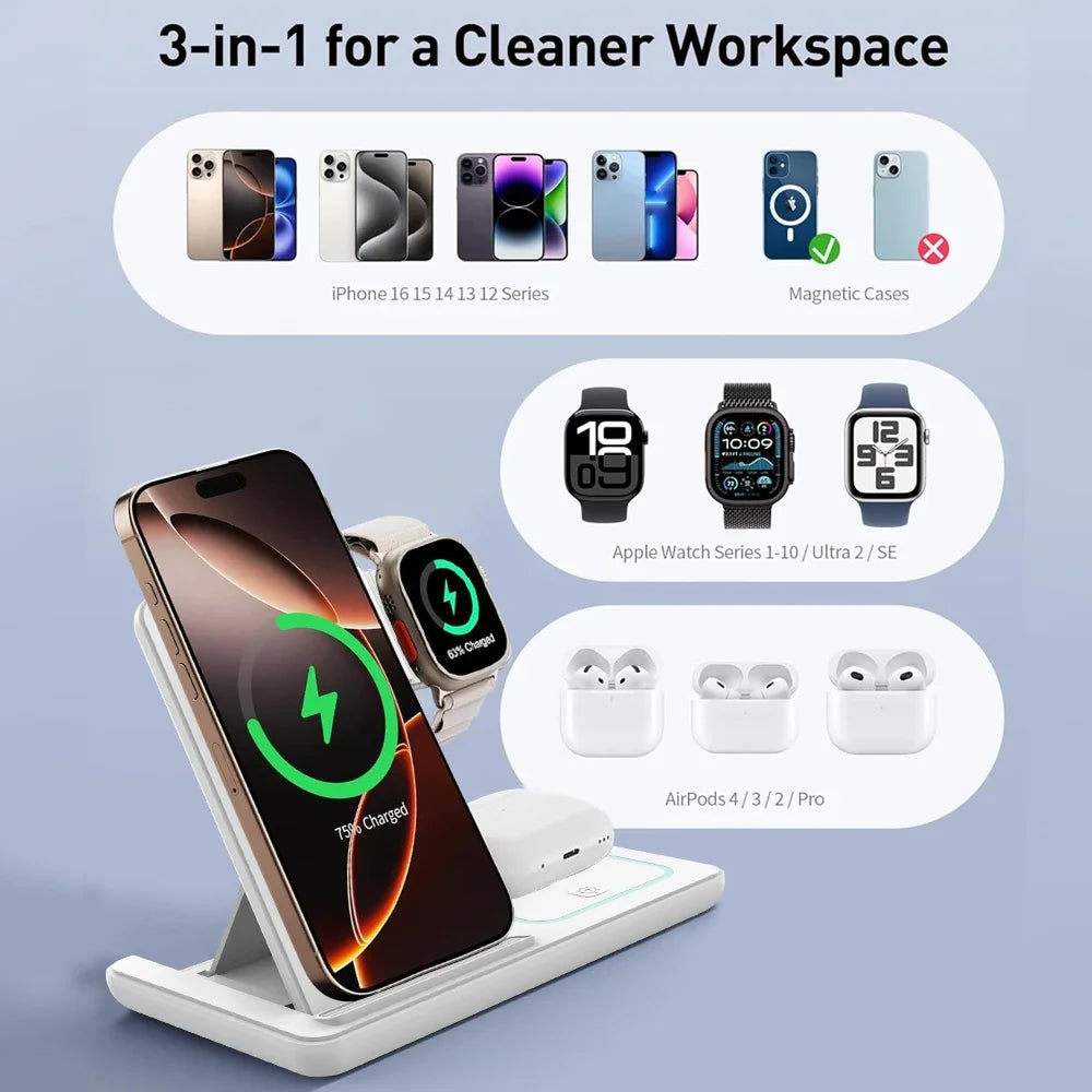 30W 3 in 1 Foldable Night LED Light Wireless Charger Stand For iPhone Samsung Apple Watch 2-8 SE Airpods Fast Charging Holder