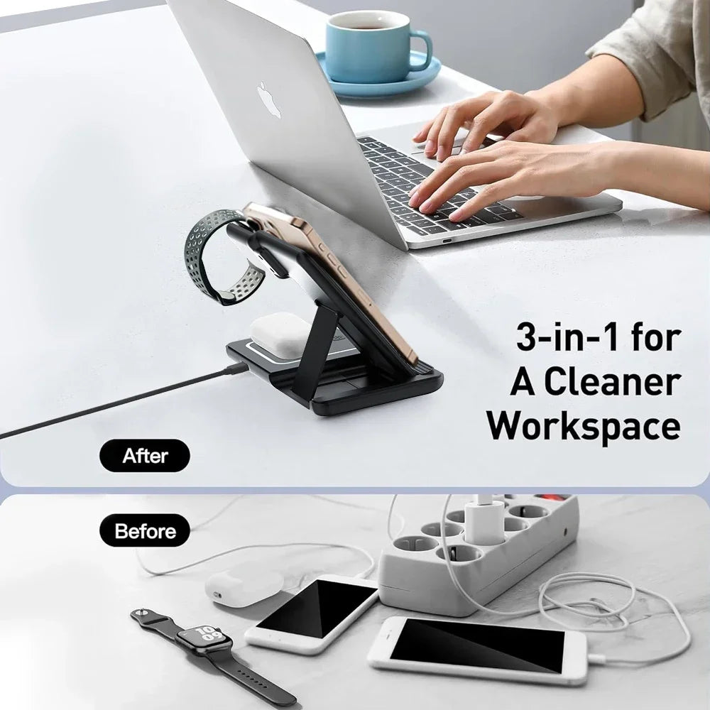 30W 3 in 1 Foldable Night LED Light Wireless Charger Stand For iPhone Samsung Apple Watch 2-8 SE Airpods Fast Charging Holder